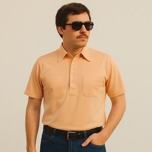 Vintage 70s Sahara Peach Polo Shirt L Mens‎ Short Sleeve Double Pocket Retro Mod